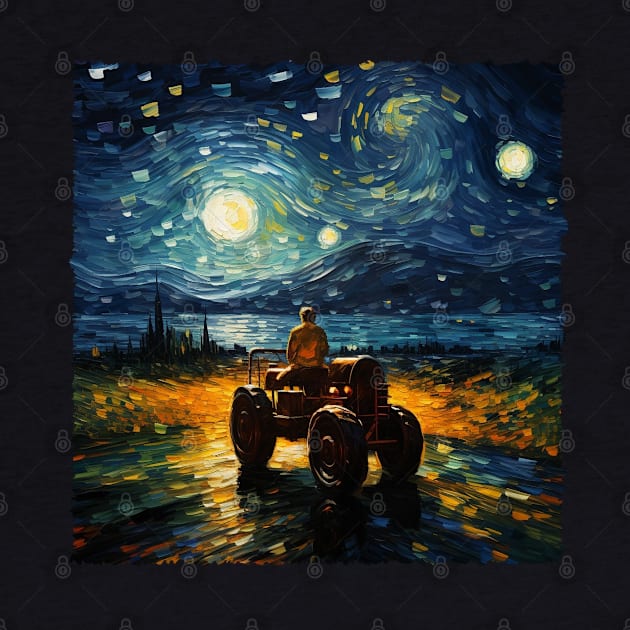 Barnyard Bliss Farmer's Fantasy Tractor And Farmer Starry Night by JocelynnBaxter